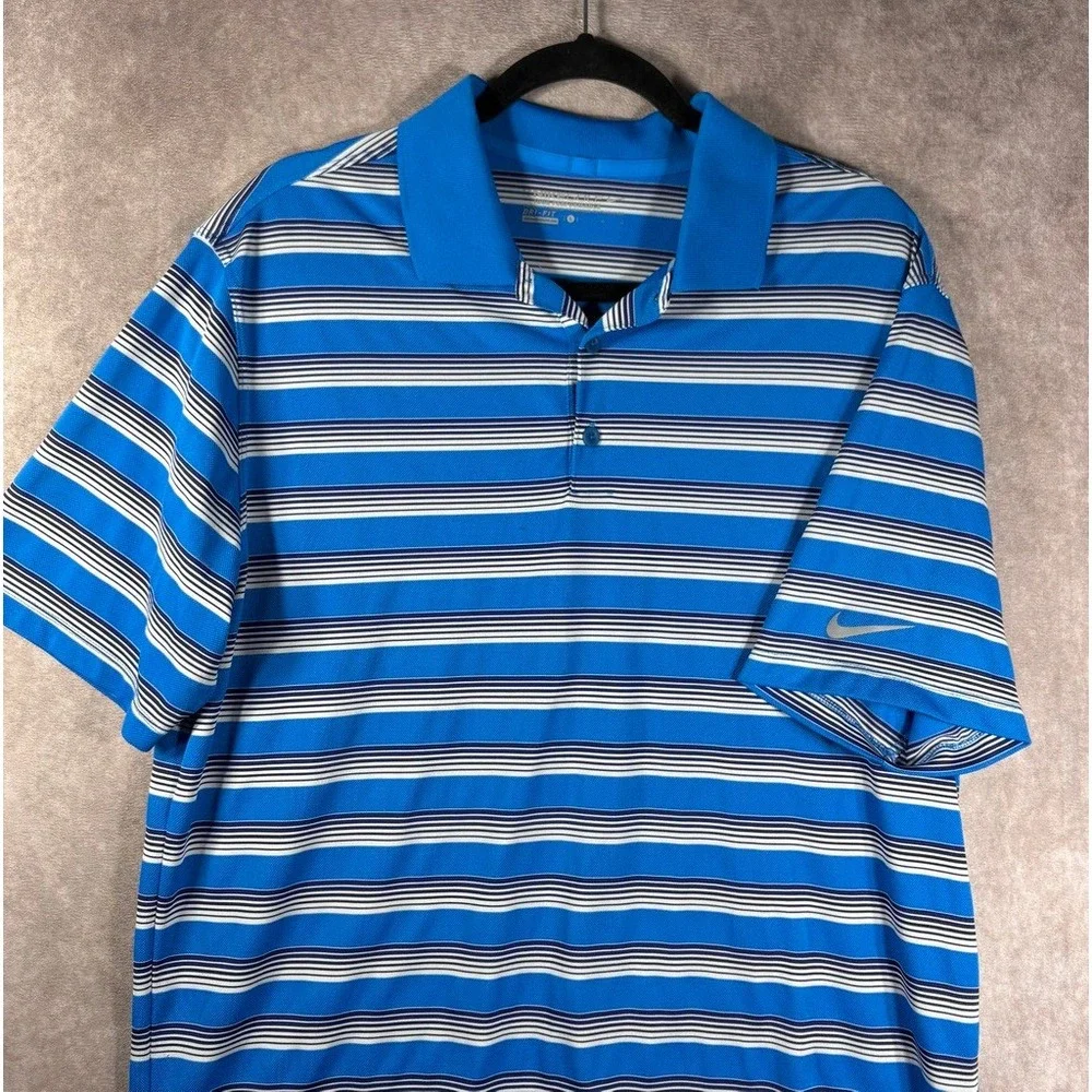 Nike Golf Polo Shirt Mens L Blue Dri-Fit Tour‎ Performance Striped Short Sleeve